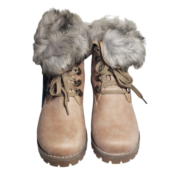 Cliffs Paddington Natural Tan Faux Fur Lace Up Ankle Combat Boots Sz 8 - Picture 4 of 12